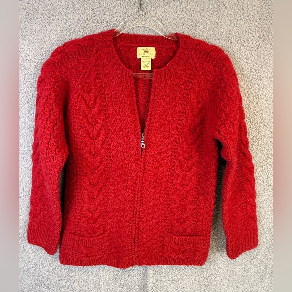 Vintage hand knit chunky Women's Red Cable Knit Cardigan S